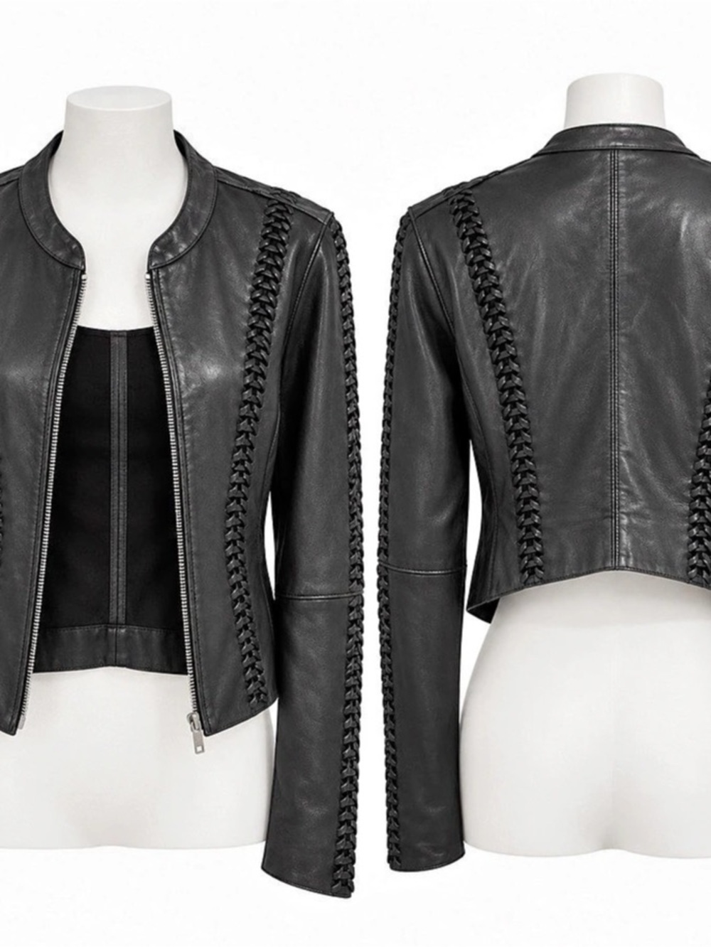 Vintage Y2K Bebe Genuine Leather Braided Jacket Black M - Picture 2 of 7